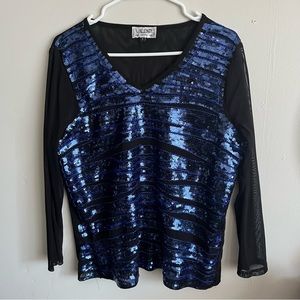 3/$40 Valenti Size X (XL) Blue & Black Sequin Long Sleeve Shirt Sheer Arms/back